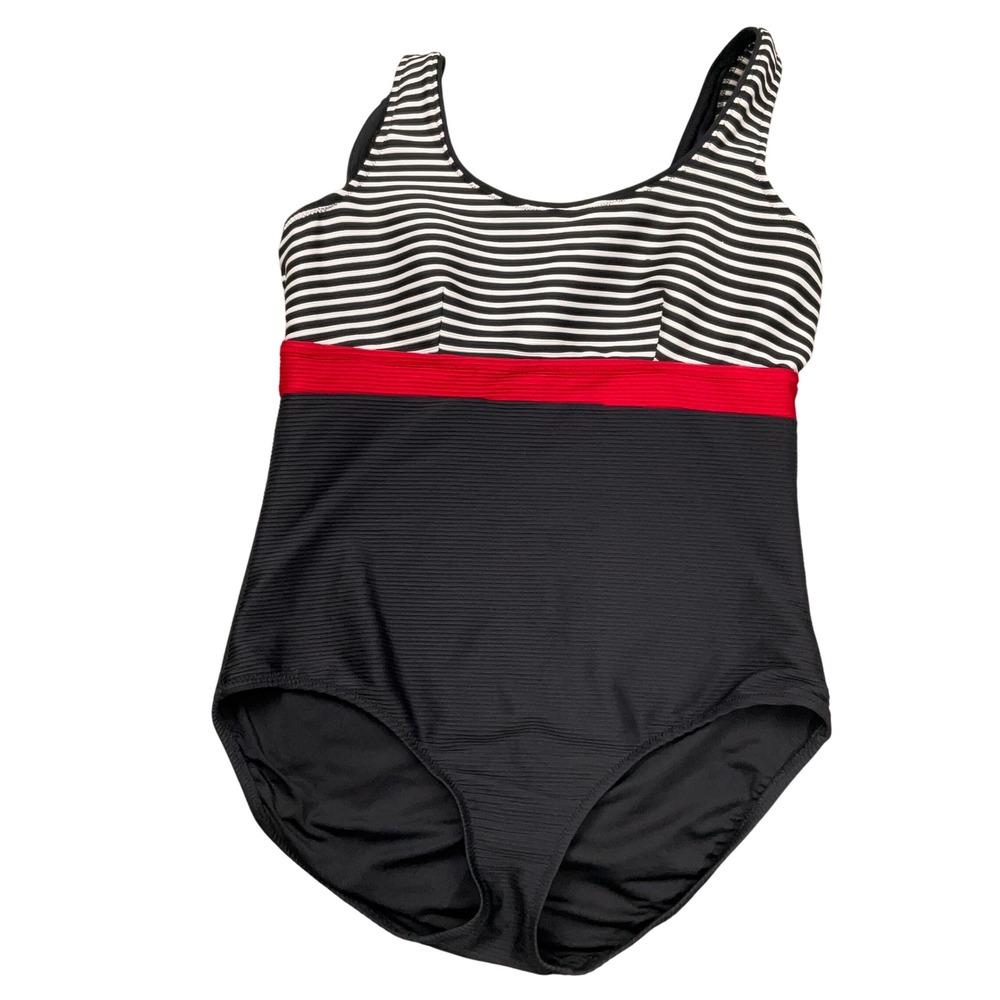 Lands' End Swimsuit Women 14 Black White Red Stripe Colorblock Swim Sailor Sport